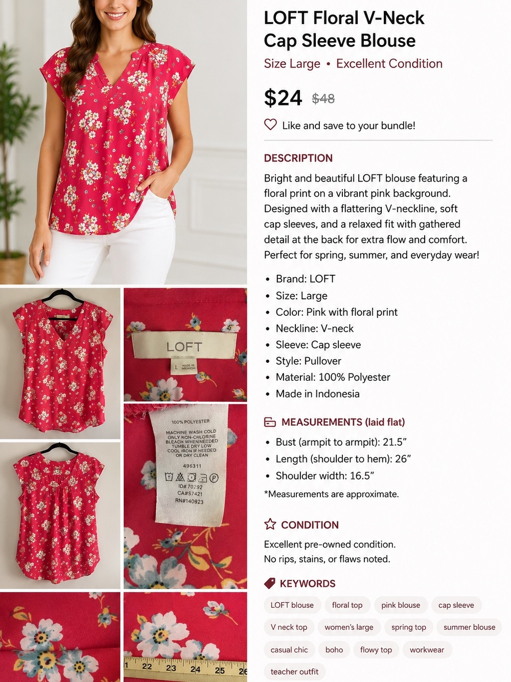 LOFT Bright Pink Floral V-Neck Cap Sleeve Top